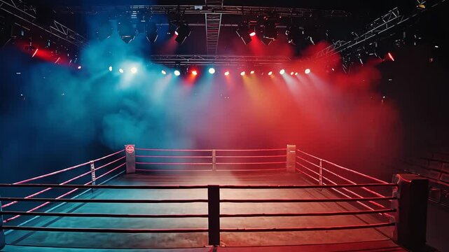 Dramatic Boxing Ring Surrounded by Atmospheric Lighting and Colorful Smoke Effects