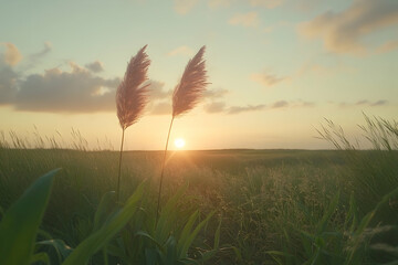 Serene sunset landscape featuring two pampas grasses gently swaying in the warm evening light.  Golden hour hues bathe the field.