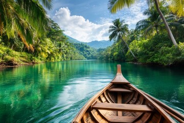 Obraz premium A serene view of the backwaters in Kerala, with a houseboat gliding through calm waters lined with lush palm trees