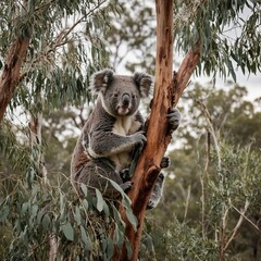 Fototapeta premium A koala perched on a eucalyptus tree, with a serene Australian outback in the background.