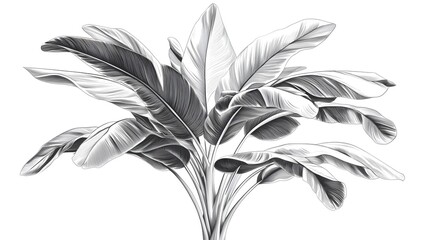 Monochrome Illustration of Tropical Banana Plant Leaves