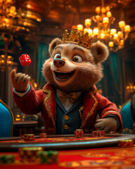 A well-dressed anthropomorphic bear wearing a red suit and a golden crown is standing at a casino table. He is enthusiastically throwing red dice, smiling widely, with a luxurious chandelier-lit backg