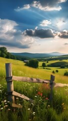 Beautiful green landscape with a wooden fence and rolling hills under a blue sky. Generative AI