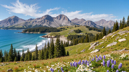 Scenic coastal view with wildflowers and mountains