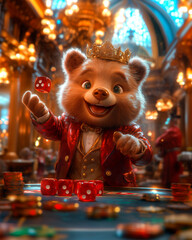 A well-dressed anthropomorphic bear wearing a red suit and a golden crown is standing at a casino table. He is enthusiastically throwing red dice, smiling widely, with a luxurious chandelier-lit backg