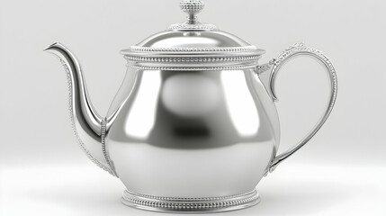 Elegant silver teapot, ornate details, polished finish, isolated on white background. Perfect for luxury, tea, or tableware concepts.