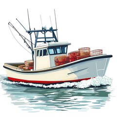 Illustration of a lobster boat sailing on the ocean, carrying full lobster traps.
