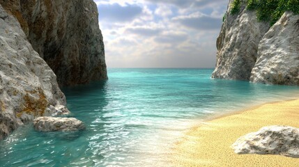 Fototapeta premium Serene beach scene with rocky cliffs and calm turquoise water.