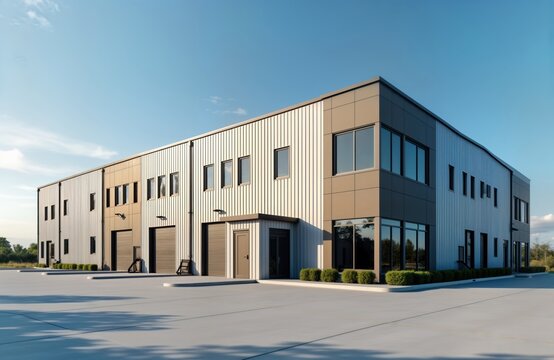 Modern warehouse complex with small office unit. Exterior shows industrial design. Building metal cladding, large loading docks. Empty paved parking lot. Commercial property. Ideal for distribution