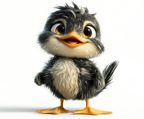 Fototapeta premium Adorable cartoon duckling, fluffy, grey, white, happy, looking up.
