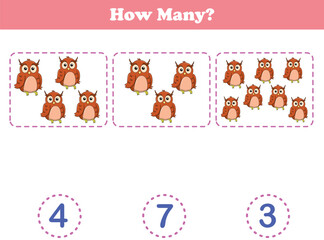 Counting game of owls for preschool kids. Printable. Vector Illustration