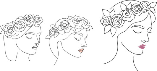 A continuous line art illustration of a  bride , Modern abstract line minimalistic women faces arts set