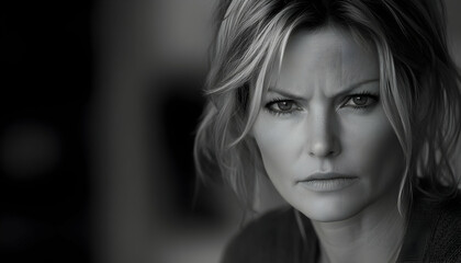 Monochrome portrait of a woman with intense expression, showcasing her strong features and captivating gaze.