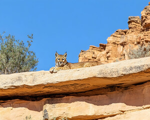 Majestic bobcat resting on a sun-drenched rock ledge, overlooking a dramatic desert canyon under a vibrant blue sky.