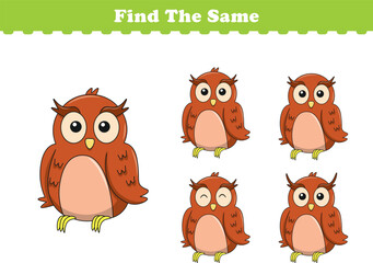 Funny cartoon owl. Find same pictures. Educational game for children. Cartoon vector illustration