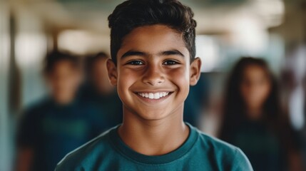 Obraz premium A smiling boy stands confidently in a school hallway, surrounded by classmates, exuding joy and positivity.