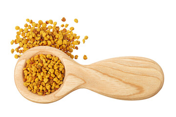 Bee pollen grains in wooden spoon isolated on white background. Top view. Flat lay