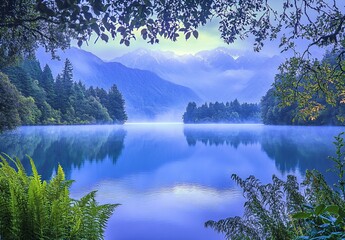 Fototapeta premium Misty Mountain Lake Serenity: Breathtaking Sunrise Landscape