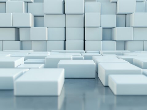 A 3D rendering of white blocks arranged in a grid pattern, creating a minimalist and modern background effect.