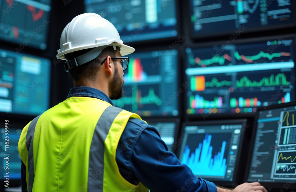 Leinwandbilder Engineer in control room. Tech specialist watches many monitors. Lots of data, info. Control center work in operation room. Monitoring systems, processes. Professional, focused work. Advanced tech