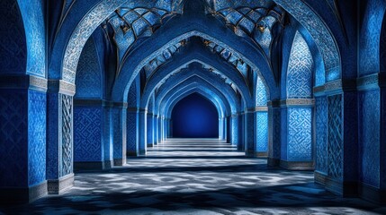 Obraz premium Serene Blue Palace: A Mystical Archway Corridor