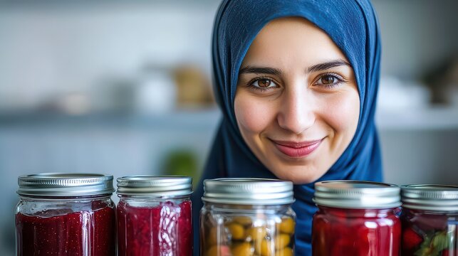 A smiling woman in a hijab stands behind jars of preserved food, showcasing her culinary skills.