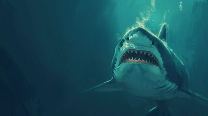 Fototapeta premium Majestic Great White Shark Swimming in Deep Sea with Dramatic Light and Shadows, Capturing the Fearsome Beauty of Underwater Predators in their Natural Habitat