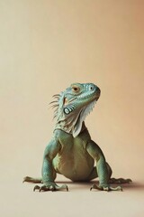 Fototapeta premium Green iguana perching elegantly on neutral backdrop, showcasing scaled texture and vibrant coloration with dramatic studio lighting
