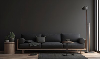 Dark modern living room interior with sofa, floor lamp, and side tables.