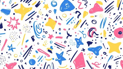 Obraz premium Playful abstract doodle design featuring hand-drawn colorful shapes and lines, showcasing simple childish scribble patterns with bright cute elements for fun and trendy contemporary vector backgrounds