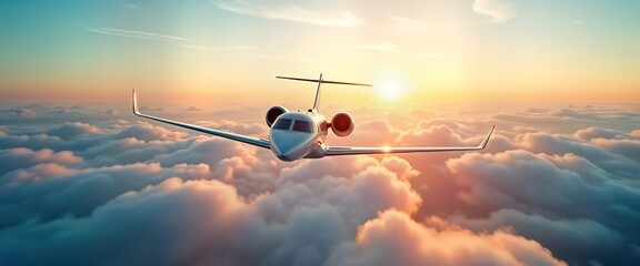Private jet flies high above clouds. Luxury aircraft in motion. Stunning view of sunrise sunset. Business travel concept. Luxurious, fast jet travel over sky filled with fluffy white clouds. Perfect