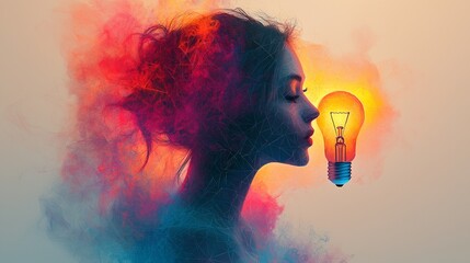 female figure represented geometric design featuring light bulb place her head symbolizing bright ideas and innovation. composition uses sharp lines and vibrant colors.