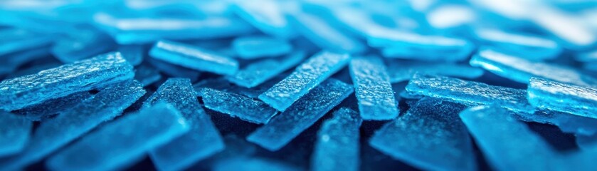 A vibrant array of blue glass pieces, glimmering and arranged in a scattered formation, showcasing their unique shapes and textures.