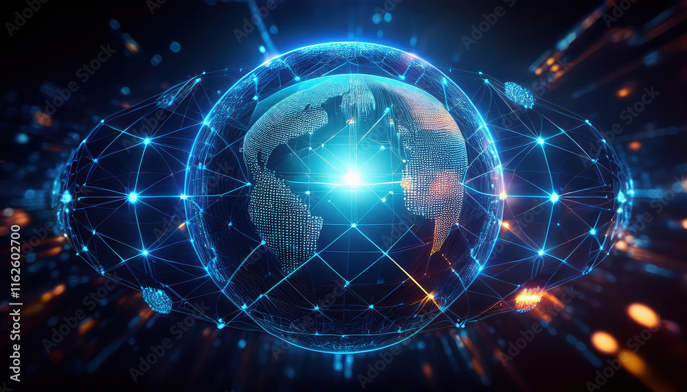 Poster conceptual image of glowing globe representing big data with interconnected data points, showcasing 