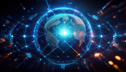 Naklejka premium conceptual image of glowing globe representing big data with interconnected data points, showcasing technology and innovation