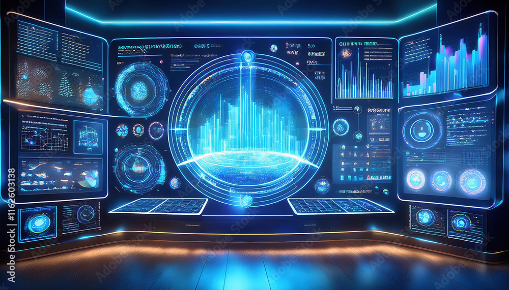 Poster futuristic holographic display showcasing data science dashboard with real time analytics and visual