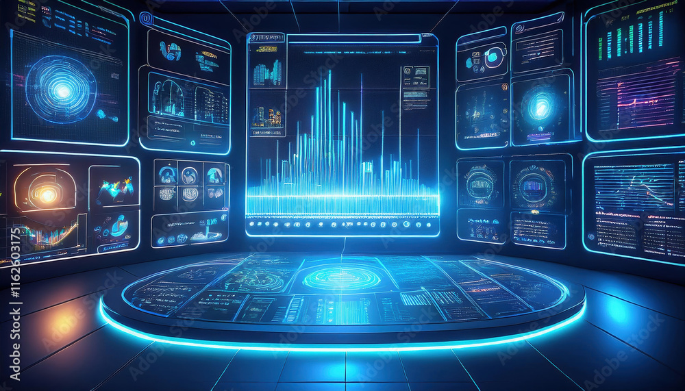 Poster futuristic holographic display showcasing data science dashboard with real time analytics and intera