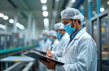 Food factory tech expert inspects production line. Employee takes notes on clipboard to verify orders. Many workers wear protective gear, masks. Hygiene, quality control important. Modern food