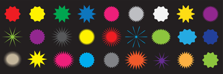 Set of vector starburst, sunburst badges. Vintage labels. Colored stickers. A collection of different types and colors icon.