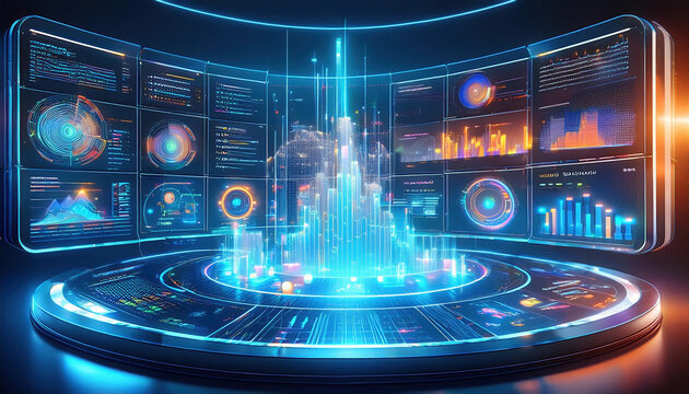 Futuristic holographic display showcasing data science dashboard with real time analytics and vibrant visualizations
