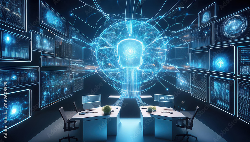 Poster futuristic workspace with glowing neural networks and data streams, showcasing advanced technology a