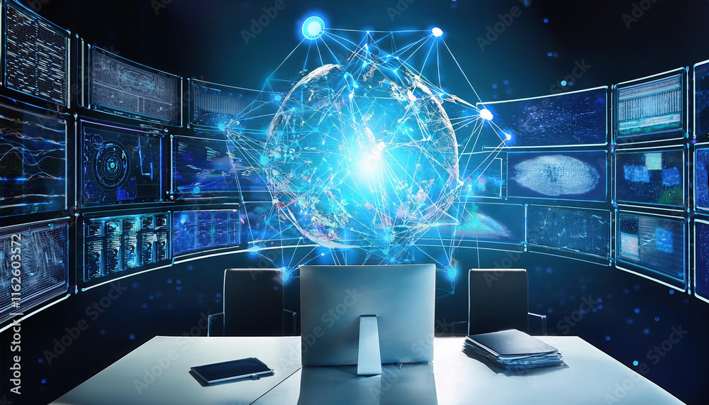 Poster futuristic workspace with glowing neural network and data streams. interconnected nodes create vibra