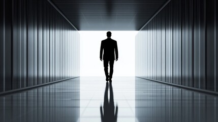 Obraz premium A silhouette of a person walking towards a bright light at the end of a corridor, evoking a sense of mystery and depth.