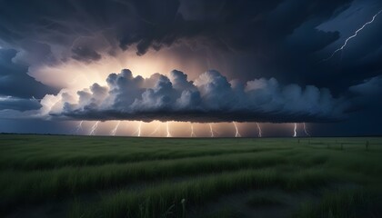 Fototapeta premium Una espectacular tormenta supercélula con nubes arremolinadas e intensos relámpagos sobre un campo de hierba