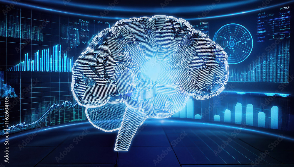 Poster digital brain representation with data charts and graphs, symbolizing intelligence and analytics