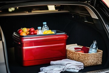 Red cooler and picnic basket in car trunk.