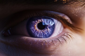 Naklejka premium Close-up of a mana??s bright periwinkle eye, showcasing the soft texture and fine patterns within the iris, captured in