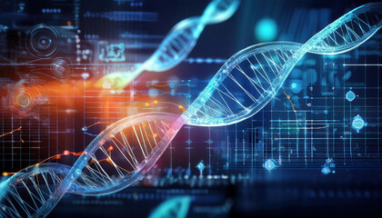 Naklejka premium glowing DNA strand intertwined with data visualizations, symbolizing innovation and technology in genetics