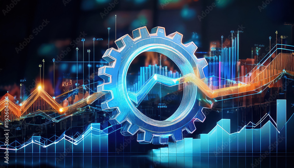 Poster symbolic image of glowing gears interlocked with charts and graphs, representing mechanics of data a