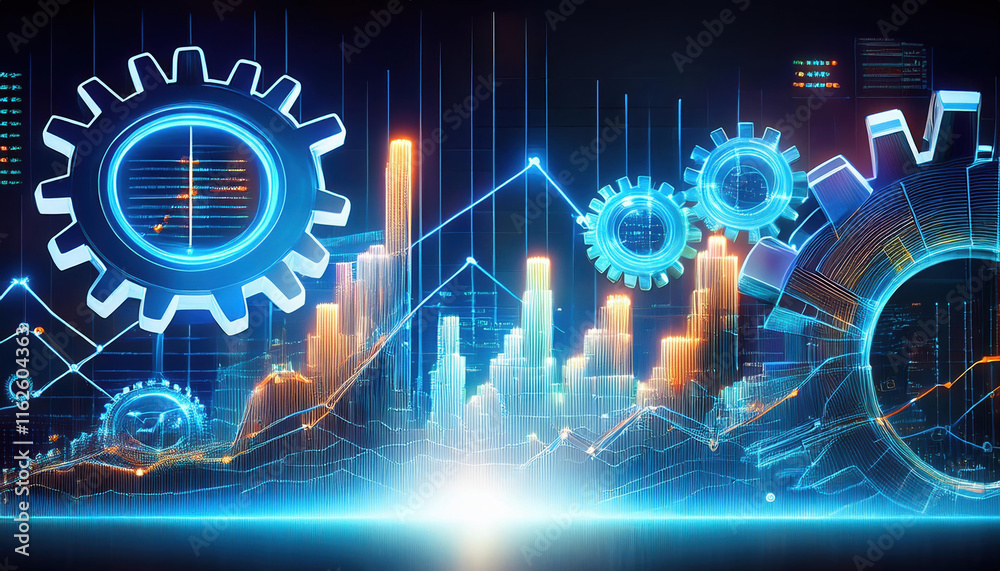 Poster symbolic image of glowing gears interlocked with charts and graphs, representing mechanics of data a